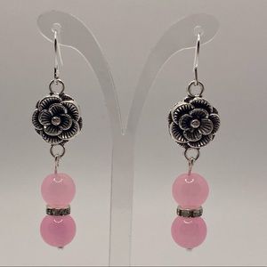 Silver Flower Drop Earring with Pink & Rhinestones | Medium Length Earrings